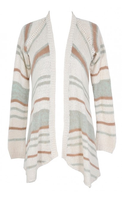 Soft Stripes Cardigan Sweater in Aqua/Taupe Stripe